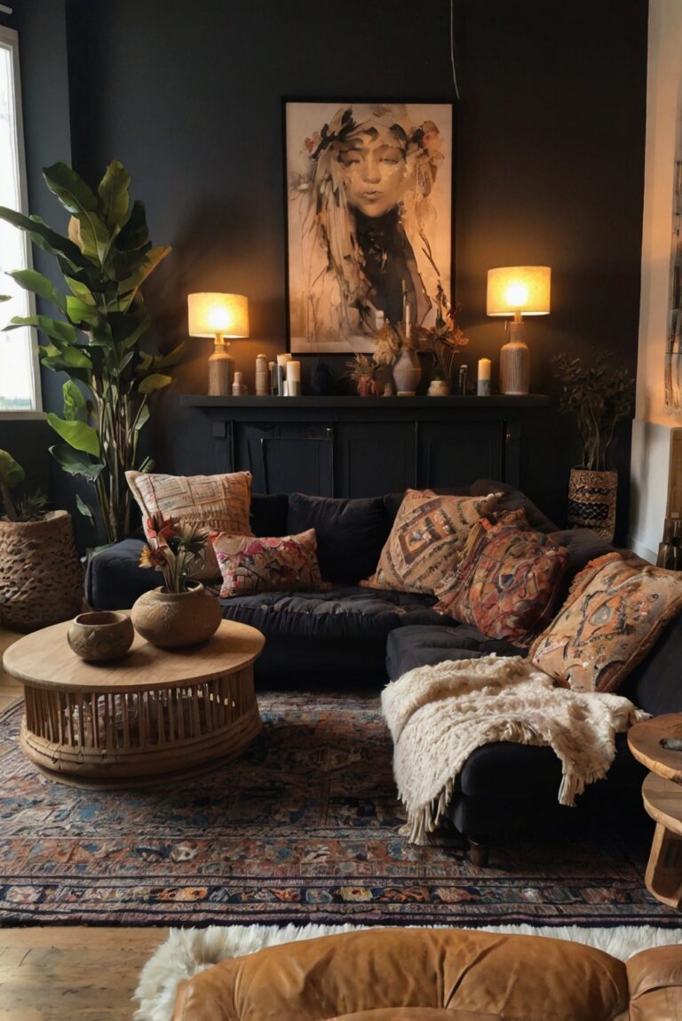 Dark boho living room decor, Bohemian design ideas, Modern boho interior, Dark and moody home decor, Boho chic living room