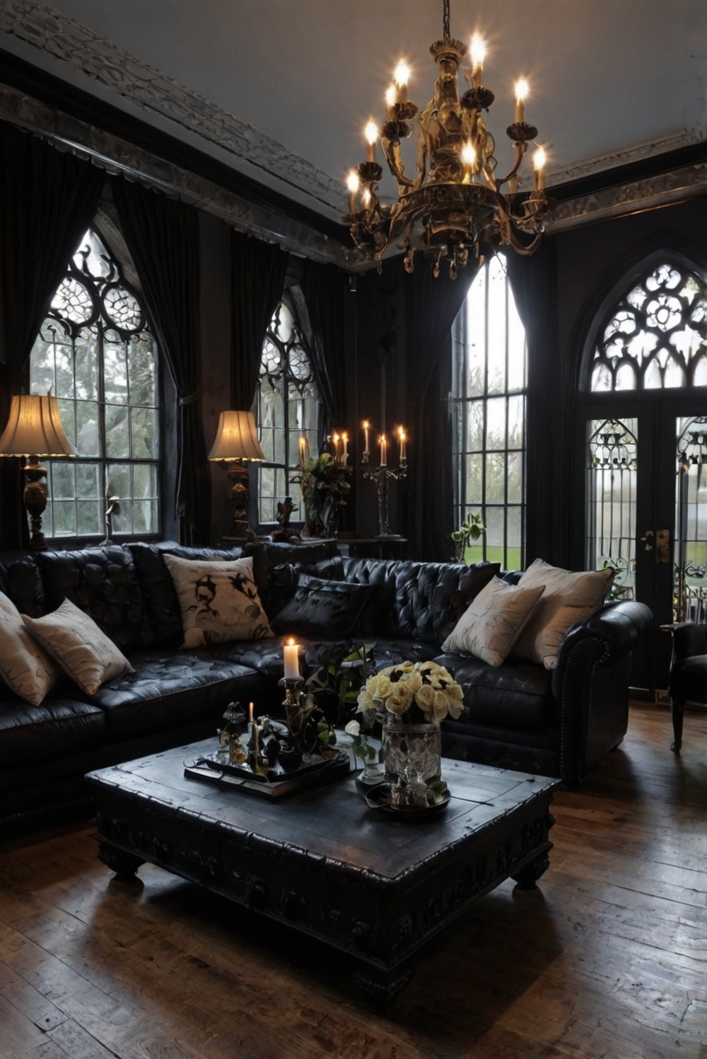 Gothic living room decor, Gothic interior design, Dark Gothic furniture, Victorian Gothic style, Elegant Gothic home