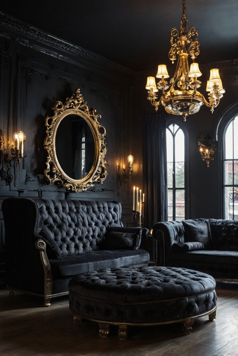 Gothic home decor, Victorian living room, Dark interior design, Gothic furniture, Moody aesthetic.