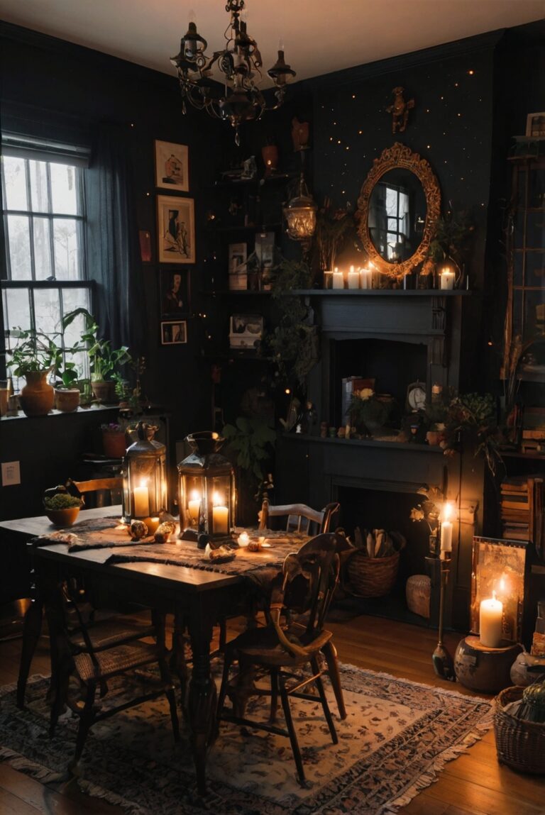 witchy home decor, gothic bedroom ideas, dark bohemian living room, mystical interior design, occult inspired decor